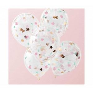 Μπαλόνια λατέξ με Κομφετί Ροζ Χρυσό - Λουλούδια / 5 τεμ