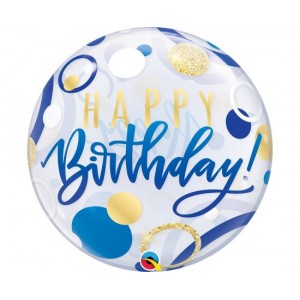 Bubble Μονό Happy Birthday Blue & Gold Dots 56εκ